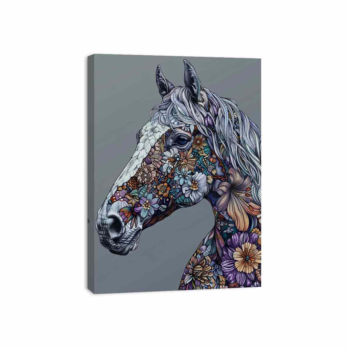 Floral horse portrait for modern living room decor with premium canvas art style.