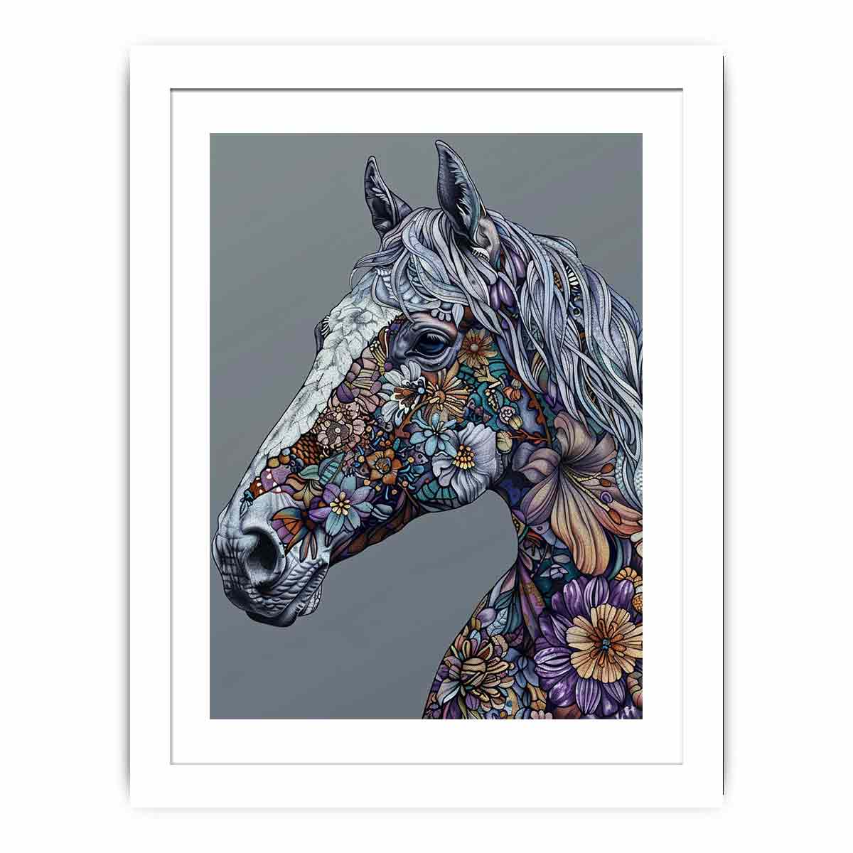Floral horse portrait for modern living room decor with premium canvas art style.