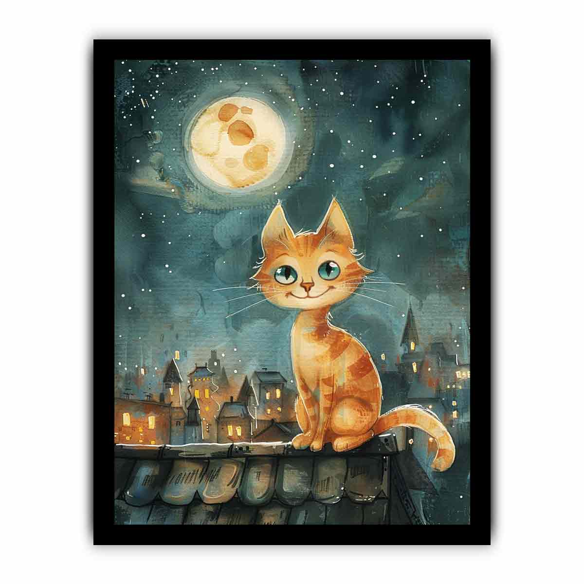 Orange cat watercolor wall art with moonlit rooftop scene for cozy bedroom or nursery decor.