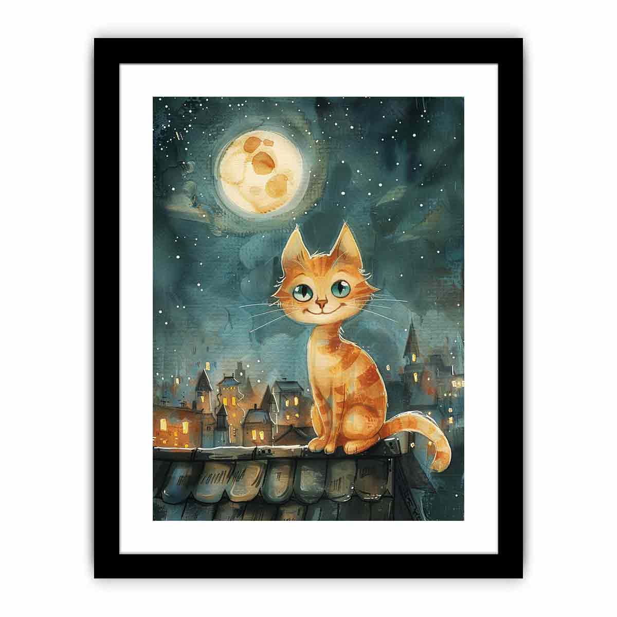 Orange cat watercolor wall art with moonlit rooftop scene for cozy bedroom or nursery decor.