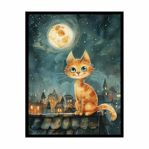 Orange cat watercolor wall art with moonlit rooftop scene for cozy bedroom or nursery decor.