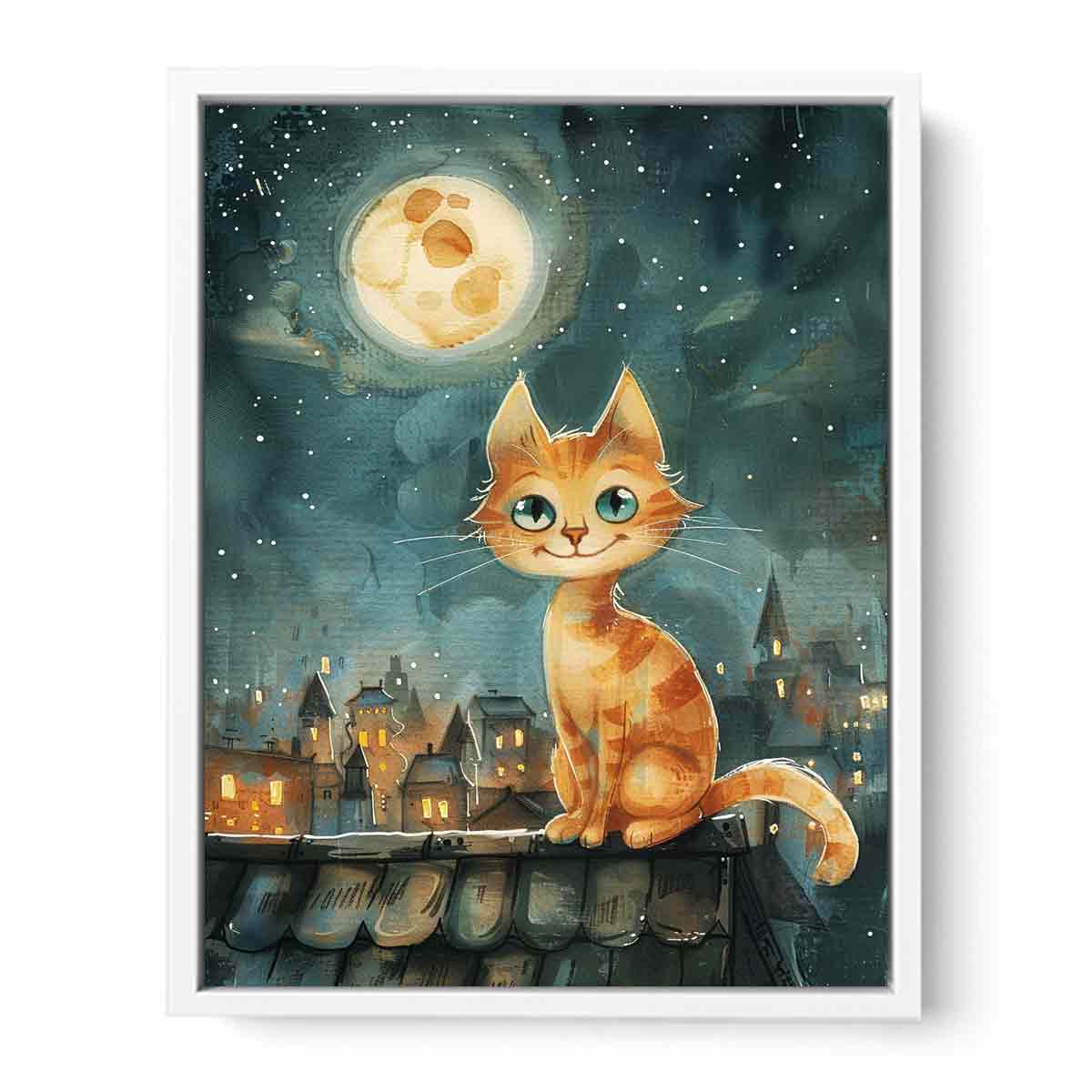 Orange cat watercolor wall art with moonlit rooftop scene for cozy bedroom or nursery decor.
