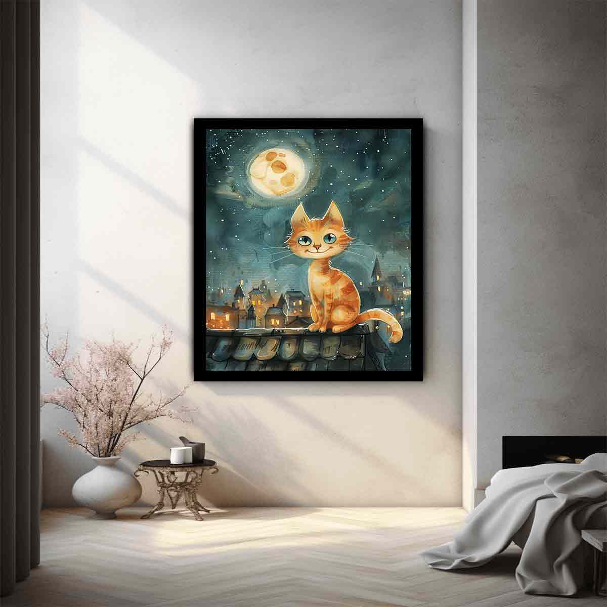 Orange cat watercolor wall art with moonlit rooftop scene for cozy bedroom or nursery decor.