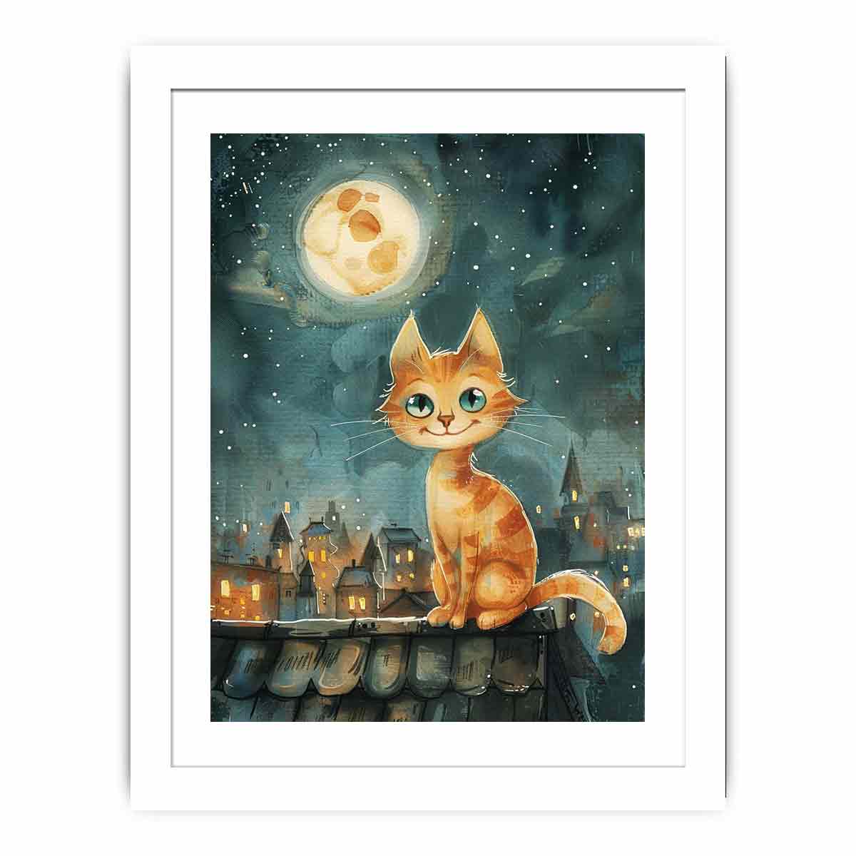 Orange cat watercolor wall art with moonlit rooftop scene for cozy bedroom or nursery decor.
