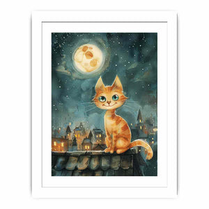 Orange cat watercolor wall art with moonlit rooftop scene for cozy bedroom or nursery decor.