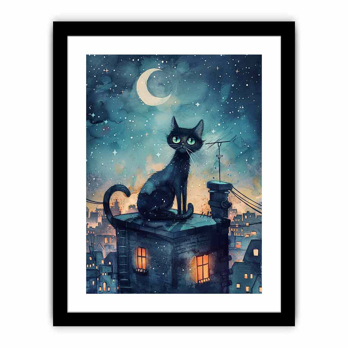 Black cat watercolor canvas art with crescent moon and rooftop city scene for magical bedroom decor.