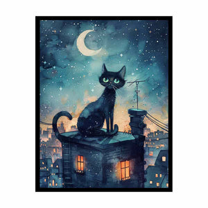 Black cat watercolor canvas art with crescent moon and rooftop city scene for magical bedroom decor.