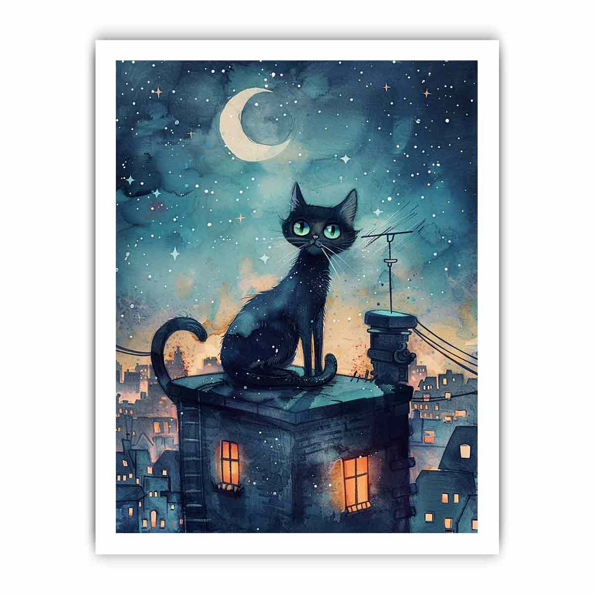 Black cat watercolor canvas art with crescent moon and rooftop city scene for magical bedroom decor.