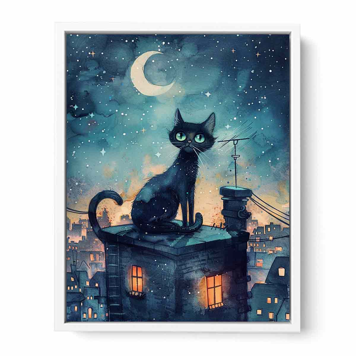 Black cat watercolor canvas art with crescent moon and rooftop city scene for magical bedroom decor.