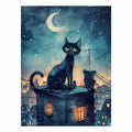 Black cat watercolor canvas art with crescent moon and rooftop city scene for magical bedroom decor.