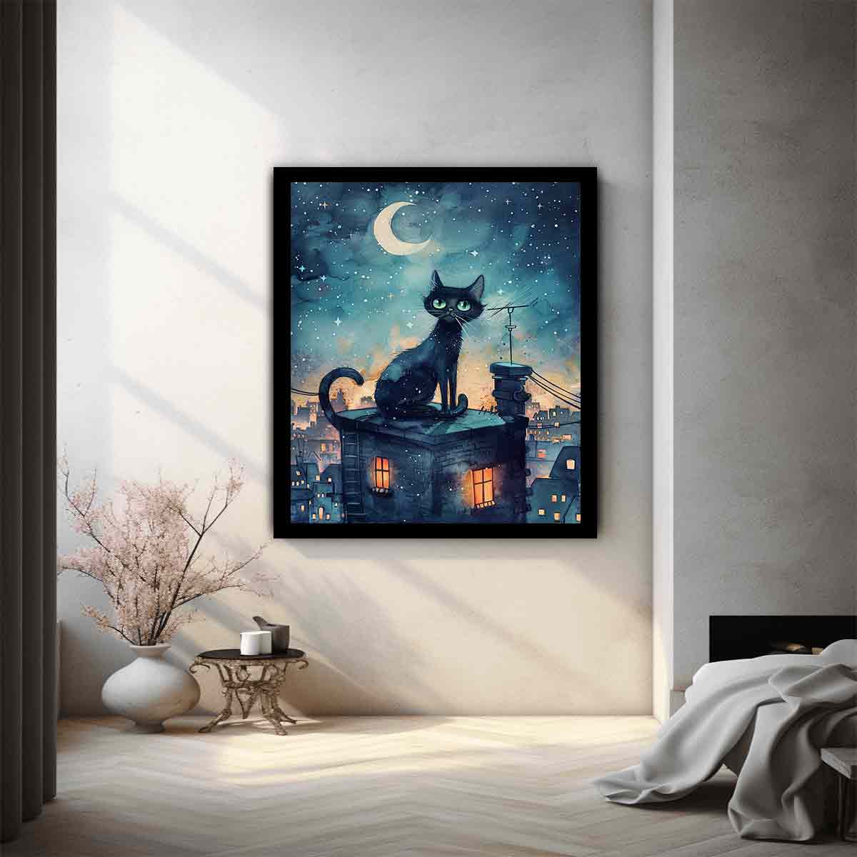 Black cat watercolor canvas art with crescent moon and rooftop city scene for magical bedroom decor.