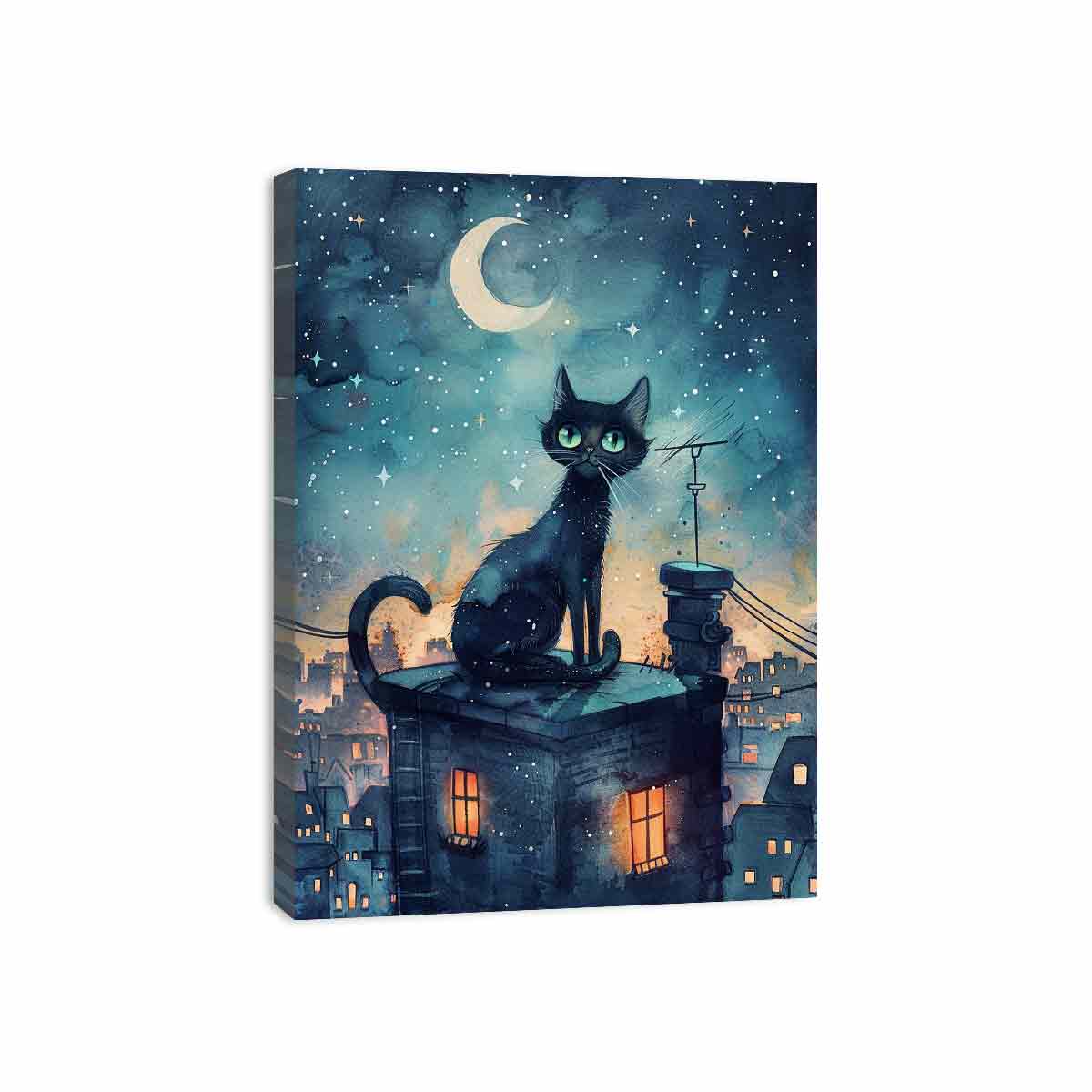 Black cat watercolor canvas art with crescent moon and rooftop city scene for magical bedroom decor.