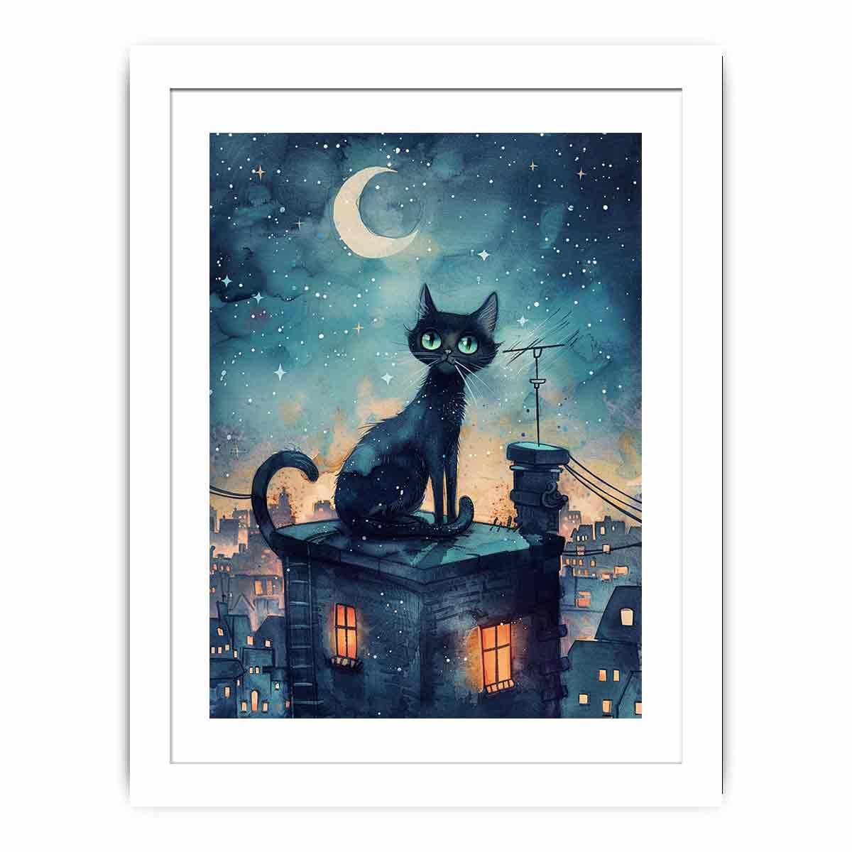 Black cat watercolor canvas art with crescent moon and rooftop city scene for magical bedroom decor.