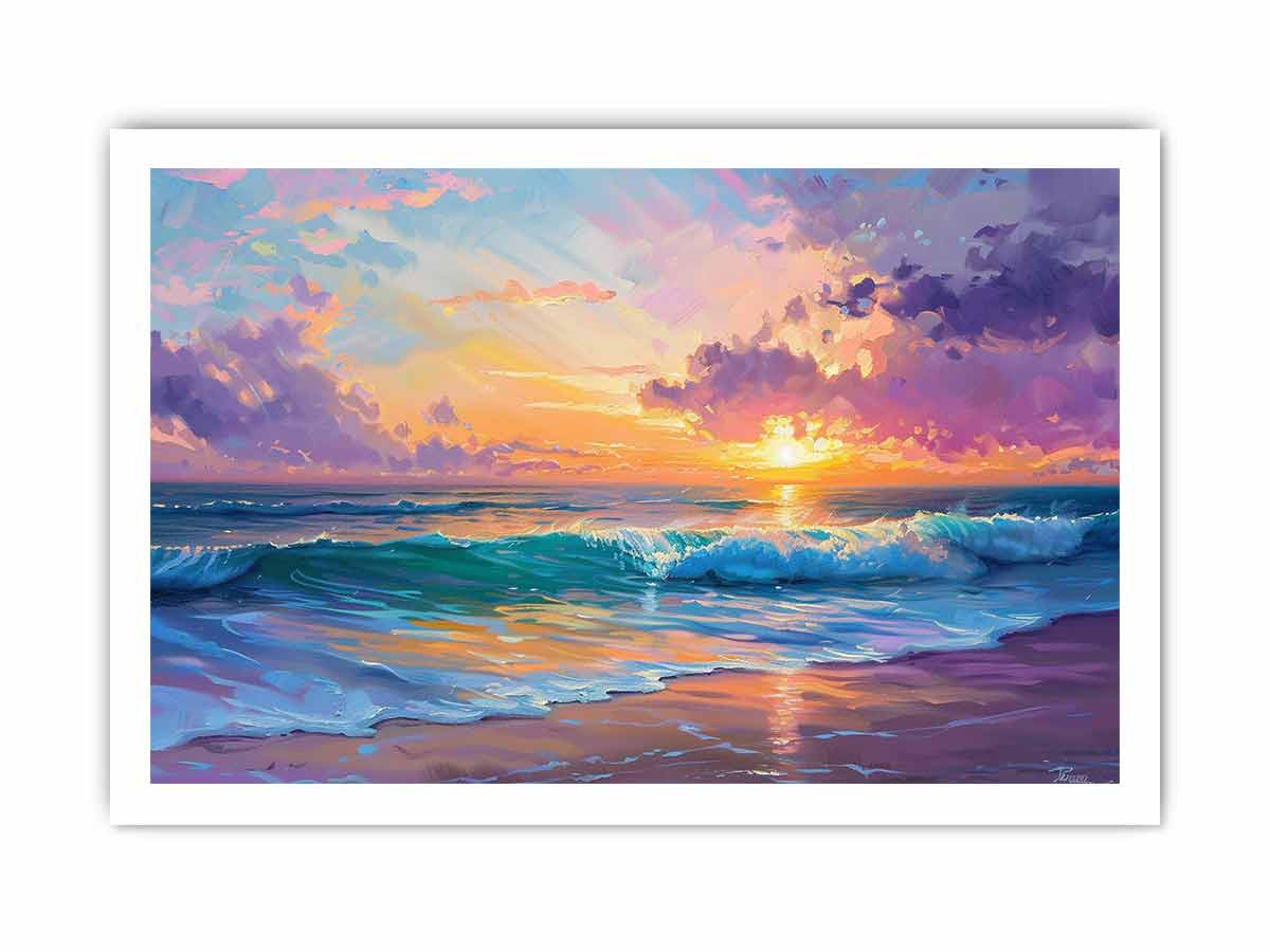 Colorful coastal sunset canvas art with ocean waves and pastel sky for modern living room decor.