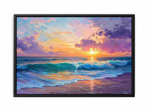 Colorful coastal sunset canvas art with ocean waves and pastel sky for modern living room decor.