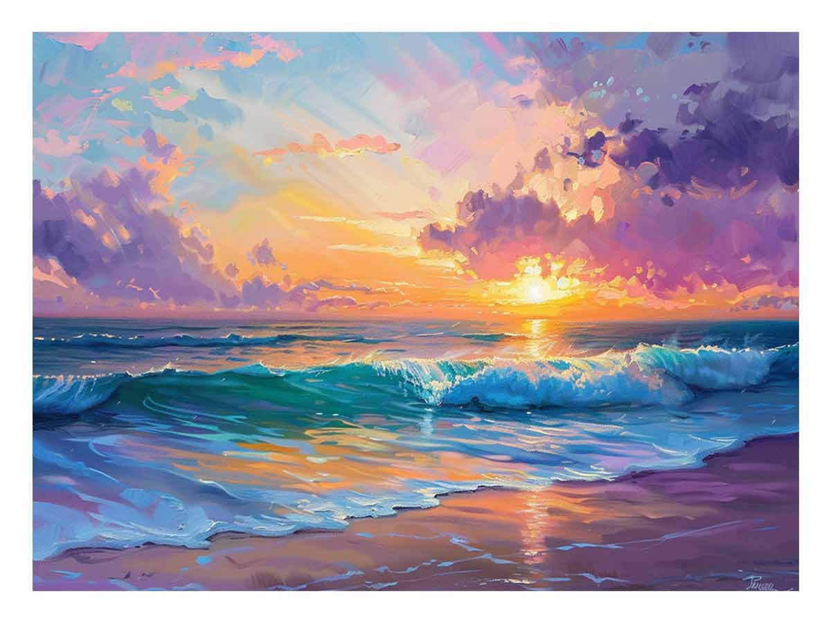 Colorful coastal sunset canvas art with ocean waves and pastel sky for modern living room decor.