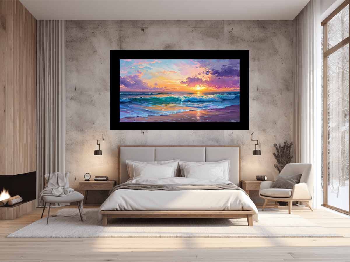 Colorful coastal sunset canvas art with ocean waves and pastel sky for modern living room decor.