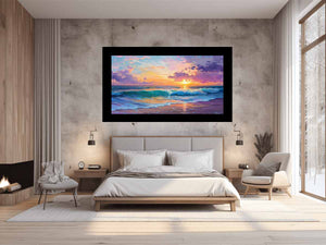 Colorful coastal sunset canvas art with ocean waves and pastel sky for modern living room decor.