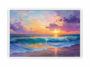 Colorful coastal sunset canvas art with ocean waves and pastel sky for modern living room decor.