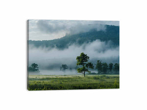 Misty mountain valley photography canvas with lone tree and fog for peaceful living room wall decor.