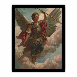 Classical warrior angel canvas art with wings, armor, and spear for refined office or living room decor.
