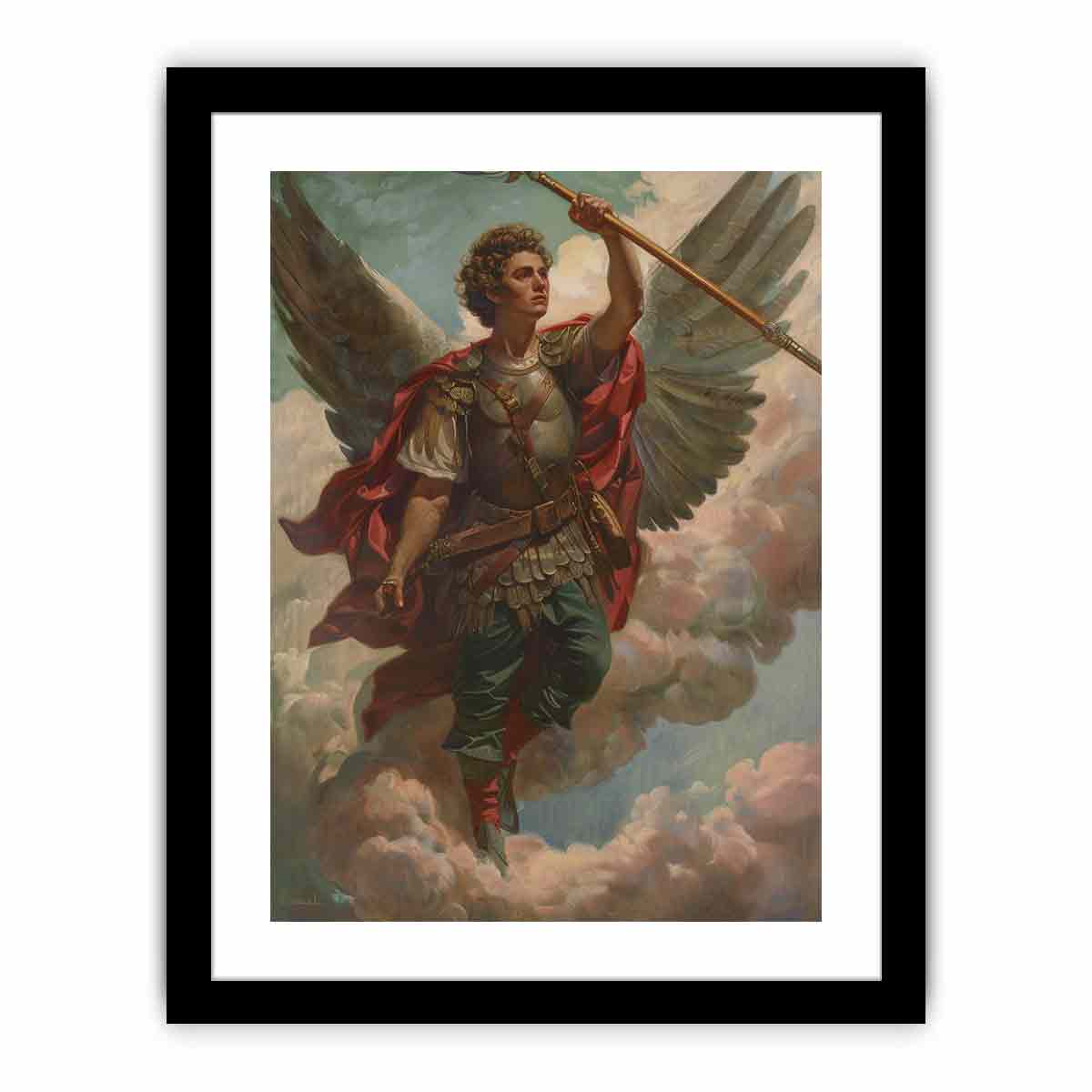 Classical warrior angel canvas art with wings, armor, and spear for refined office or living room decor.