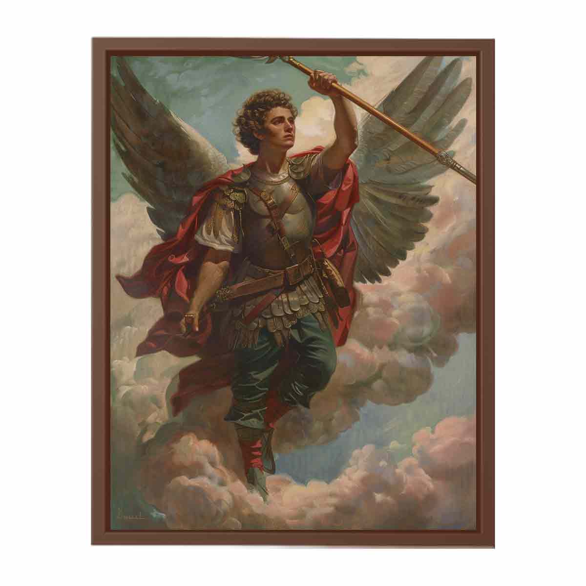 Classical warrior angel canvas art with wings, armor, and spear for refined office or living room decor.