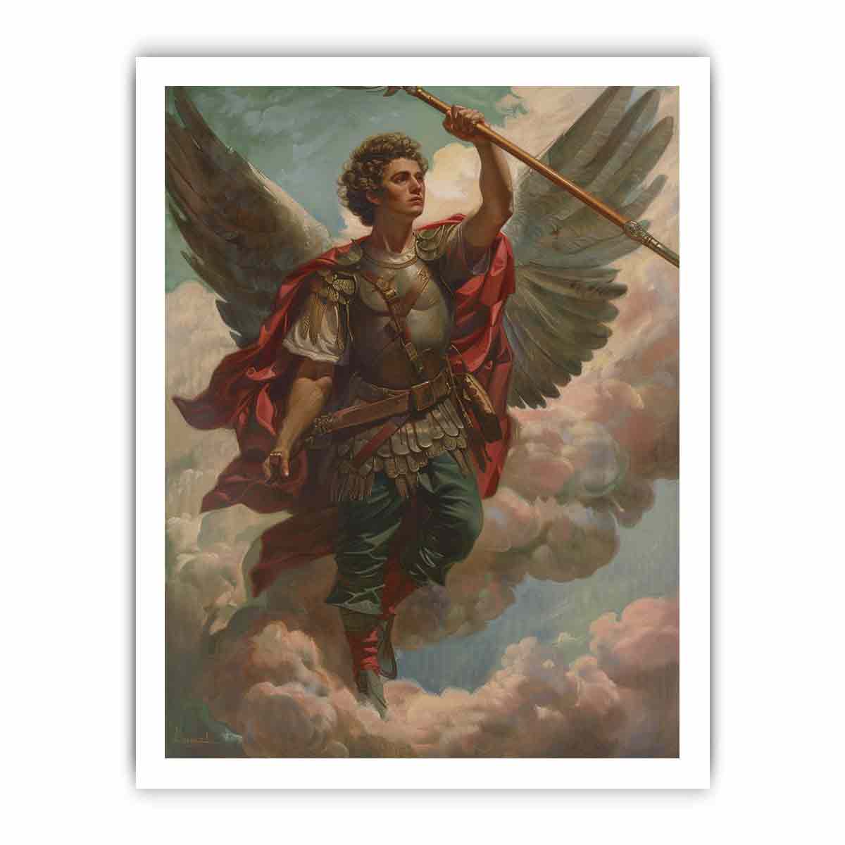 Classical warrior angel canvas art with wings, armor, and spear for refined office or living room decor.