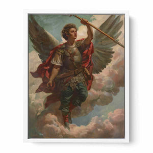 Classical warrior angel canvas art with wings, armor, and spear for refined office or living room decor.