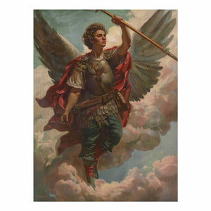 Classical warrior angel canvas art with wings, armor, and spear for refined office or living room decor.