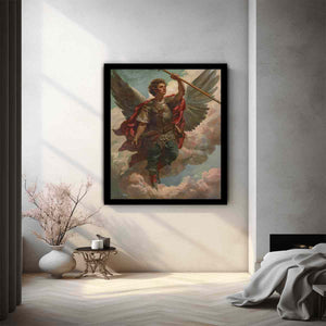 Classical warrior angel canvas art with wings, armor, and spear for refined office or living room decor.