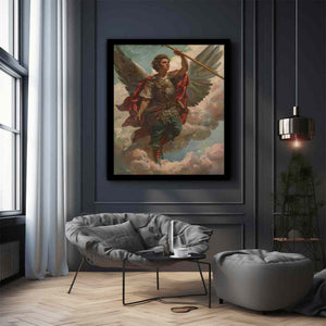 Classical warrior angel canvas art with wings, armor, and spear for refined office or living room decor.