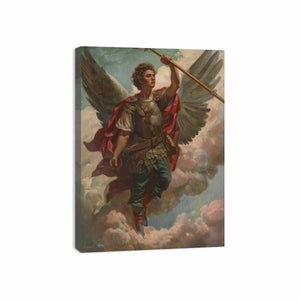 Classical warrior angel canvas art with wings, armor, and spear for refined office or living room decor.