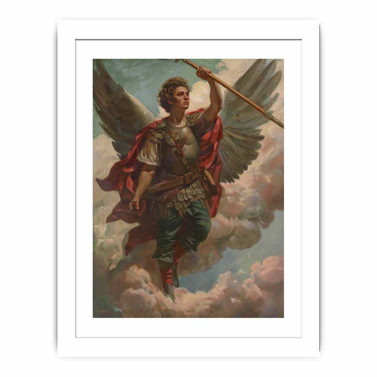 Classical warrior angel canvas art with wings, armor, and spear for refined office or living room decor.