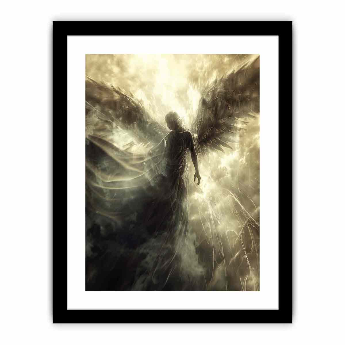 Ethereal angel canvas art with glowing wings and radiant light for spiritual bedroom or meditation decor.