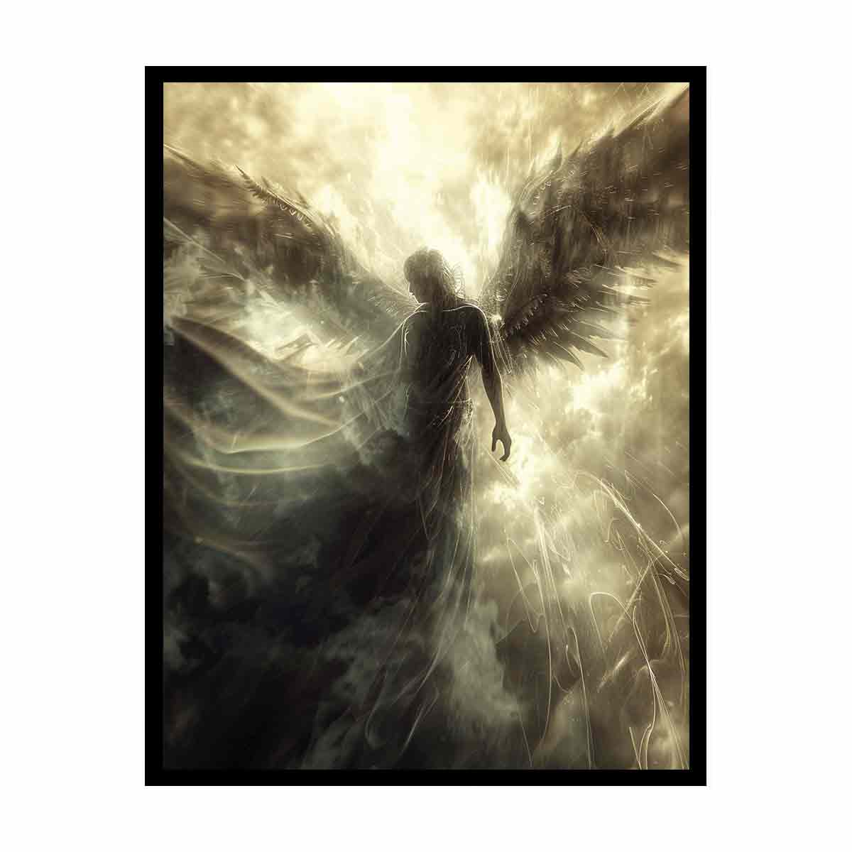 Ethereal angel canvas art with glowing wings and radiant light for spiritual bedroom or meditation decor.