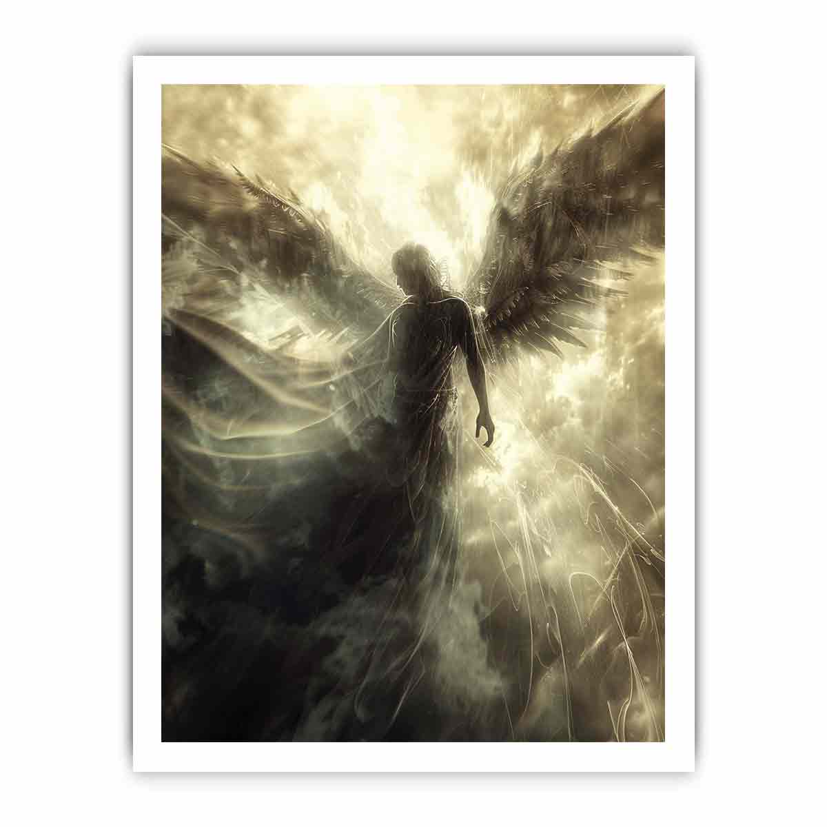 Ethereal angel canvas art with glowing wings and radiant light for spiritual bedroom or meditation decor.