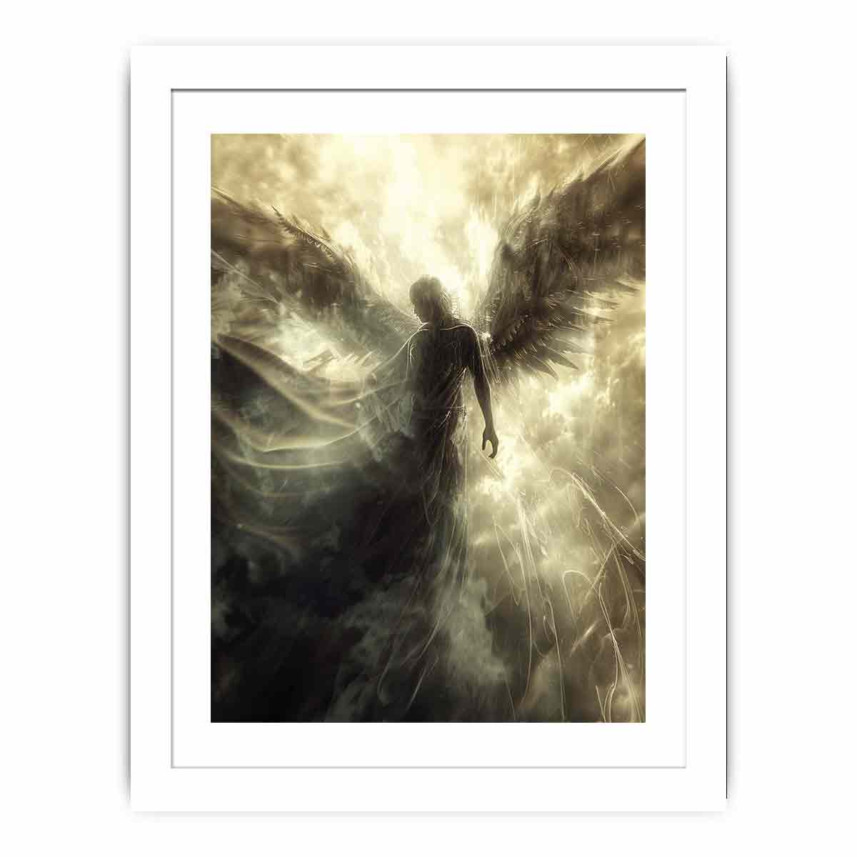 Ethereal angel canvas art with glowing wings and radiant light for spiritual bedroom or meditation decor.