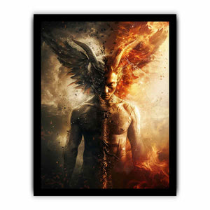 Dark fantasy winged figure canvas art with fire, smoke, and dramatic contrast for bold office decor.