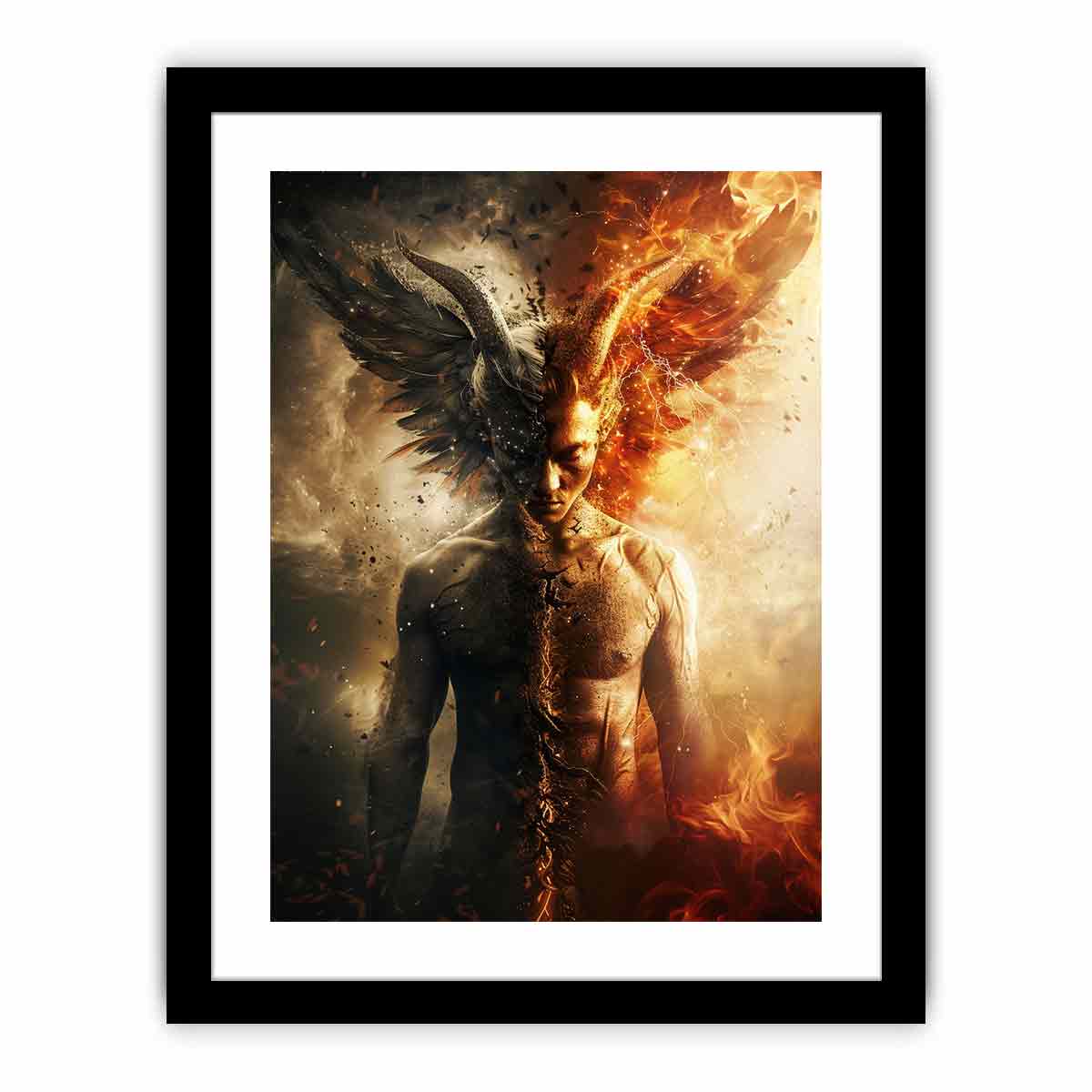 Dark fantasy winged figure canvas art with fire, smoke, and dramatic contrast for bold office decor.