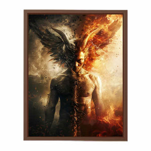 Dark fantasy winged figure canvas art with fire, smoke, and dramatic contrast for bold office decor.