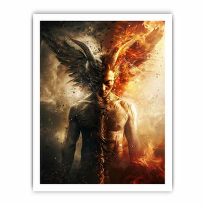 Dark fantasy winged figure canvas art with fire, smoke, and dramatic contrast for bold office decor.