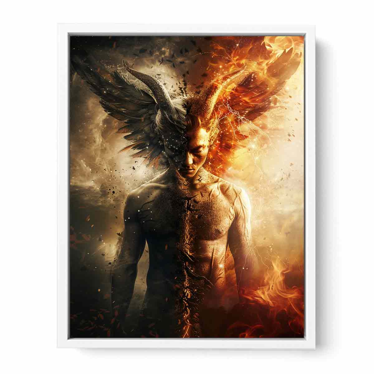 Dark fantasy winged figure canvas art with fire, smoke, and dramatic contrast for bold office decor.