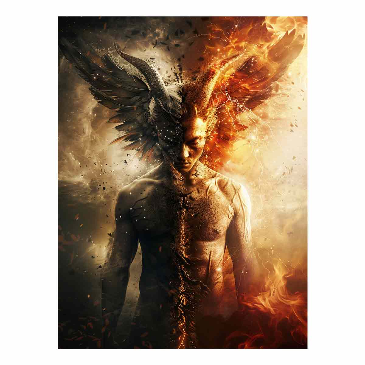Dark fantasy winged figure canvas art with fire, smoke, and dramatic contrast for bold office decor.