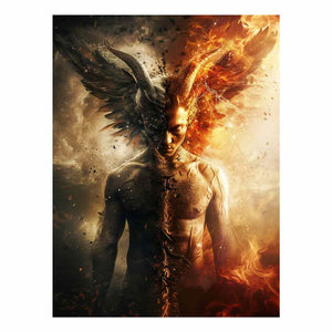 Dark fantasy winged figure canvas art with fire, smoke, and dramatic contrast for bold office decor.