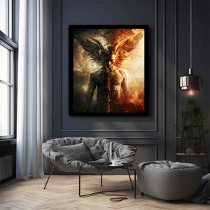 Dark fantasy winged figure canvas art with fire, smoke, and dramatic contrast for bold office decor.