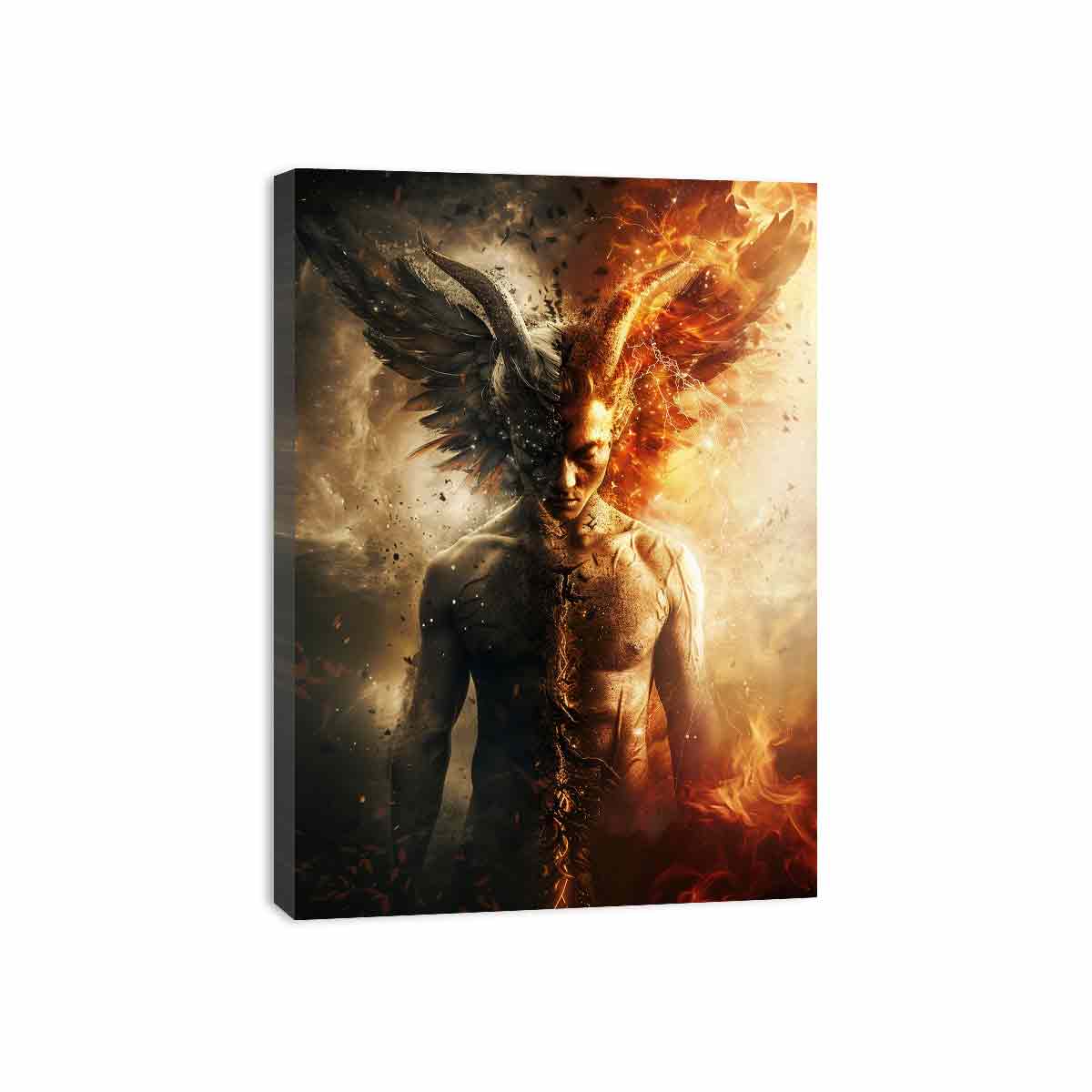 Dark fantasy winged figure canvas art with fire, smoke, and dramatic contrast for bold office decor.