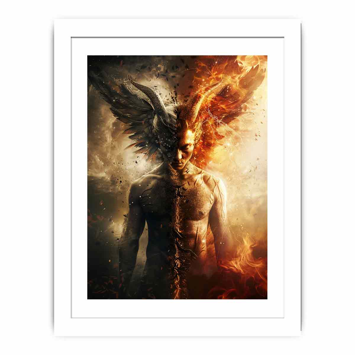 Dark fantasy winged figure canvas art with fire, smoke, and dramatic contrast for bold office decor.