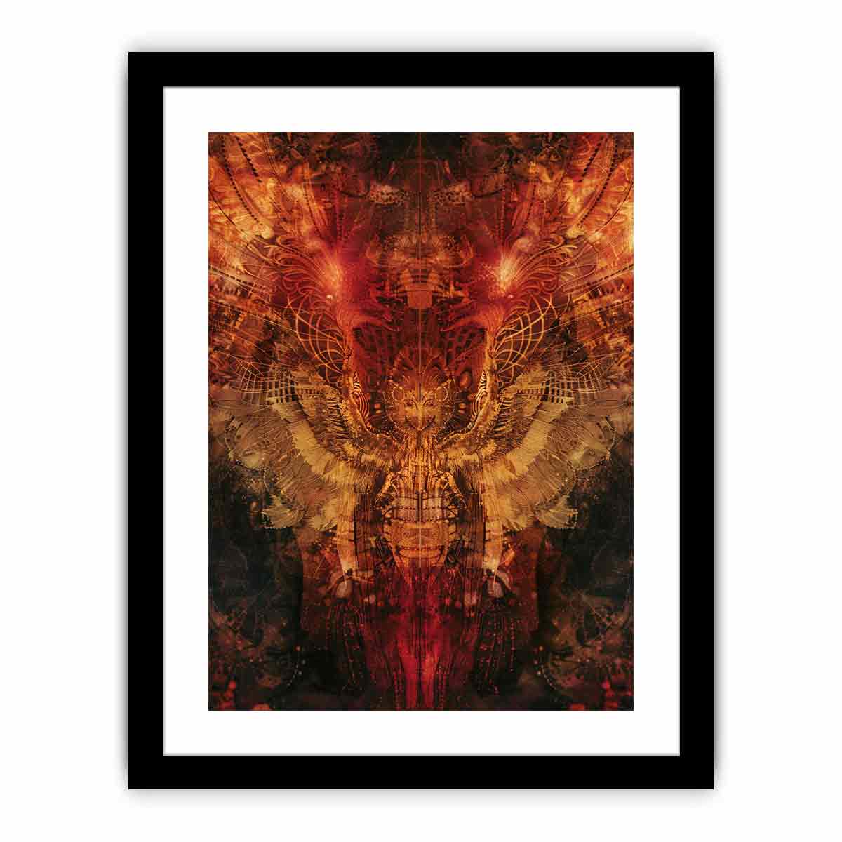 Abstract winged owl canvas art with red, copper, and gold details for dramatic modern wall decor.