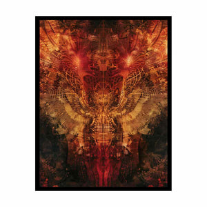 Abstract winged owl canvas art with red, copper, and gold details for dramatic modern wall decor.